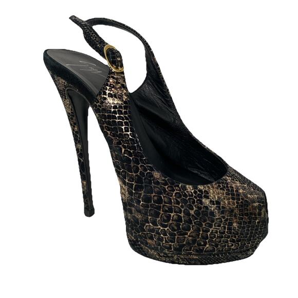 Giuseppe Zanotti Embossed Snakeskin Platform Pump Slingback Gold Black Peep 35 - Picture 1 of 9